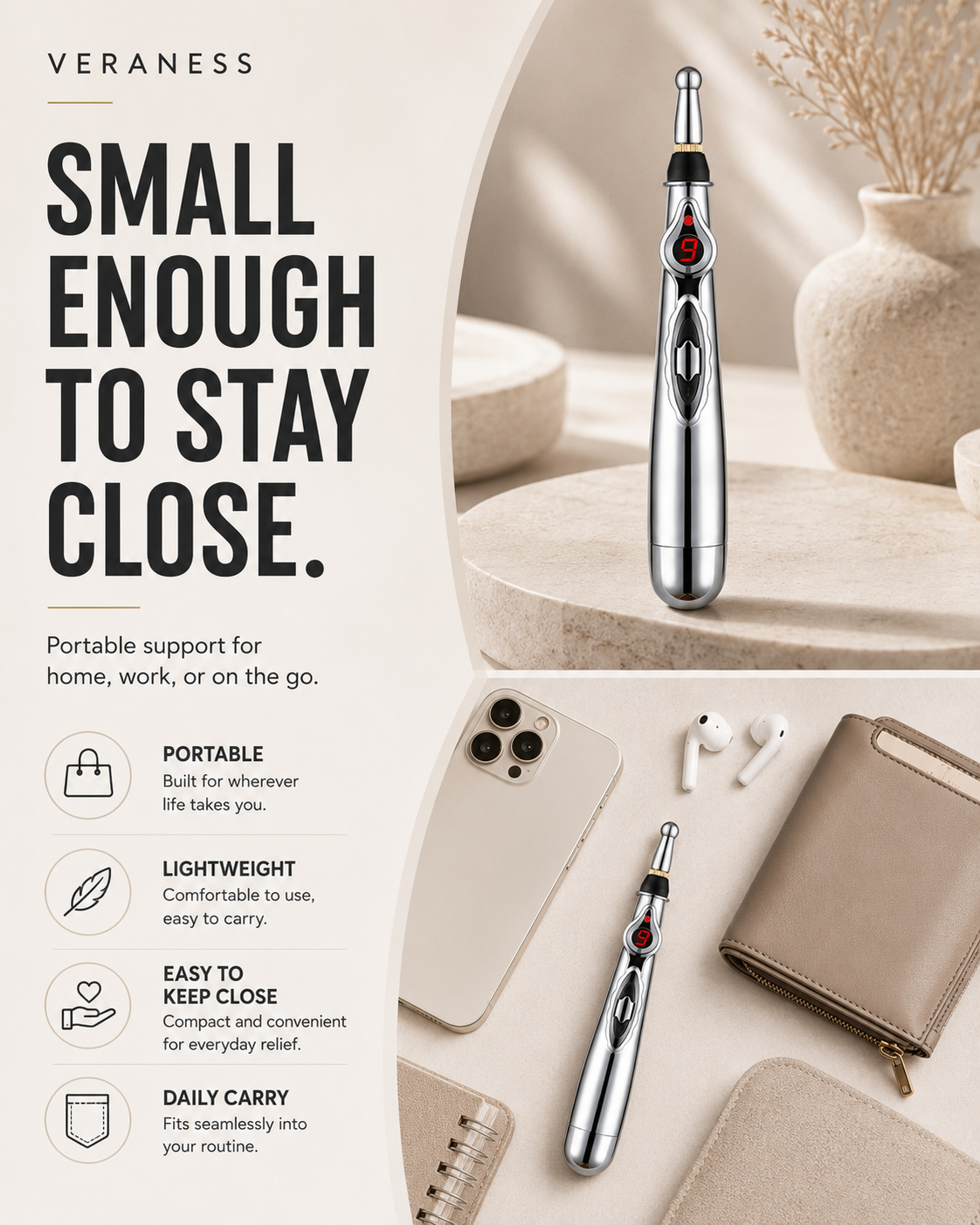 VeraPen compact pulse relief pen beside everyday carry items